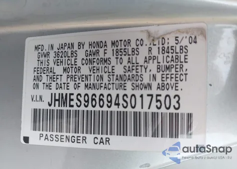 2004 Honda Civic Hybrid from USA, damaged, VIN JHMES96694S017503